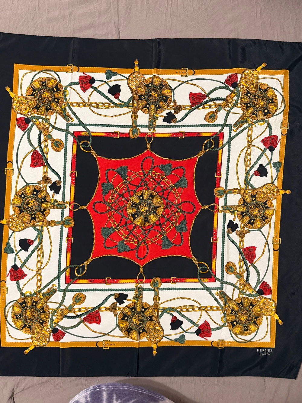 Hermes Silk Scarf - Black, Red, Gold - Picture 1 of 12